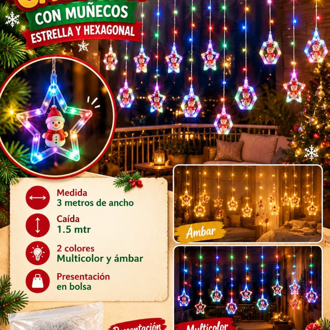 Luces Cascada Navideñas LED de 3 Metros con Muñecos y Figuras Festivas