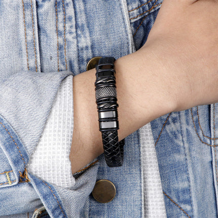 Pulsera de cuero trenzado con cierre magnético y acero inoxidable